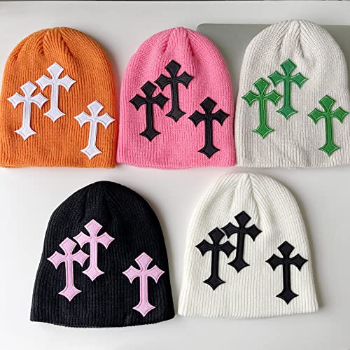 Pooyikoi Y2K Dark Cross Wool Hat Cross Pattern Fashion Loose Pile Hat Slim Knit Hat Cold Hat Autumn and Winter(Black,One Size)