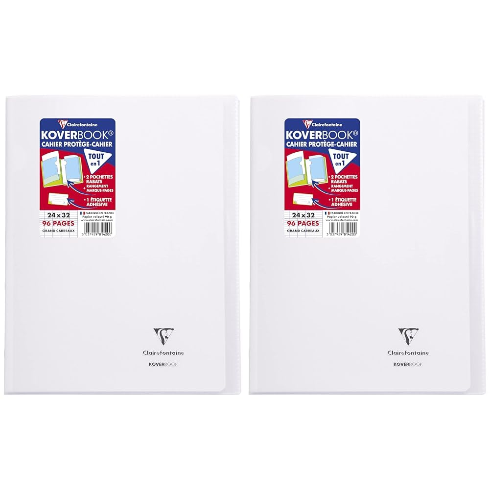 Clairefontaine - Ref 981420SC - Koverbook Side Stapled Notebook (96 Pages) - A4+ in Size, Séyès Ruling, Polypro Cover, 90gsm Brushed Vellum Paper - Transparent Cover (Pack of 2)
