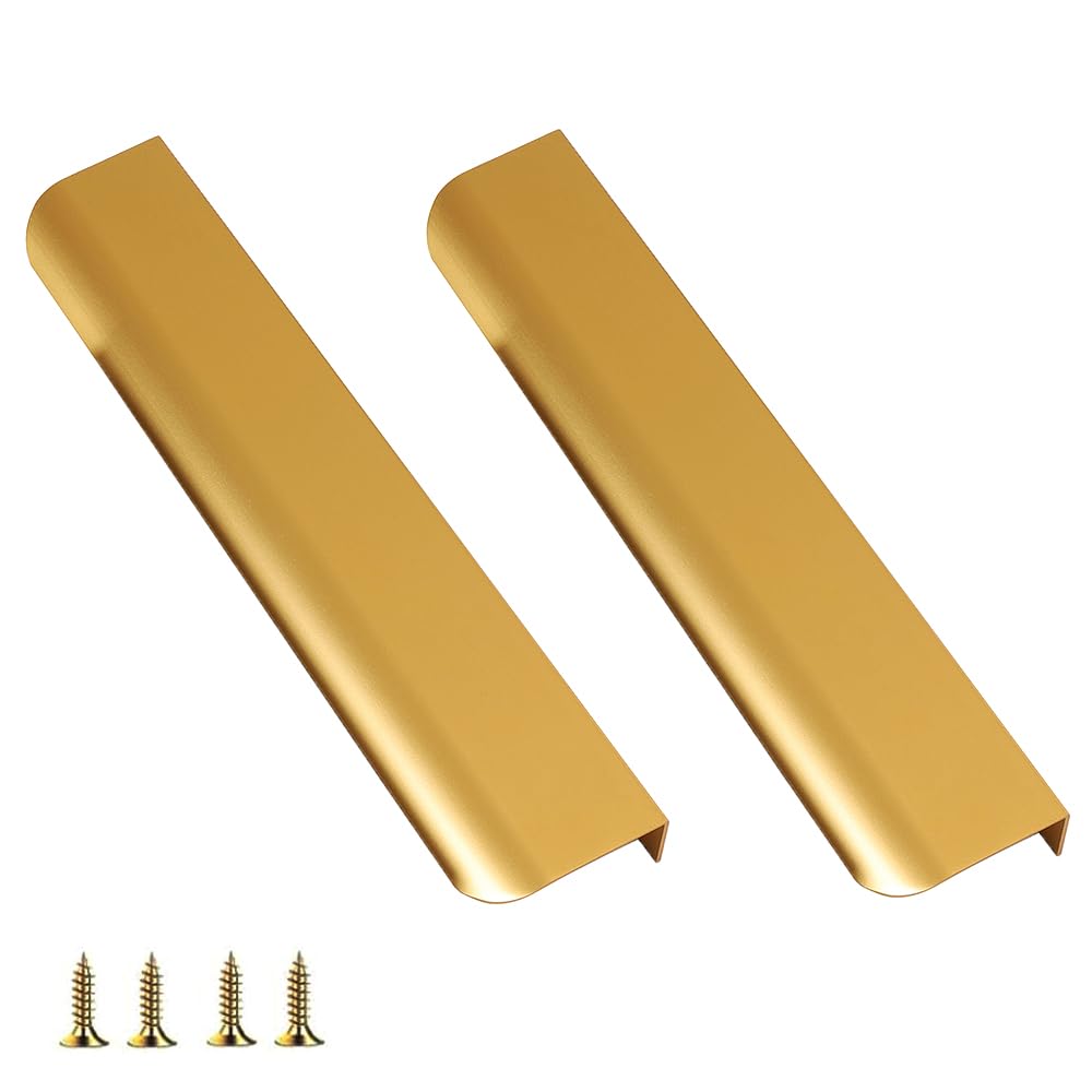 YUEYIXII 2 Pack Finger Edge Pull Brass Color Kitchen Cupboard Handles Aluminium Alloy Concealed Handle Wardrobe Handles with Screws for Kitchen Cabinet Drawer Closet Door