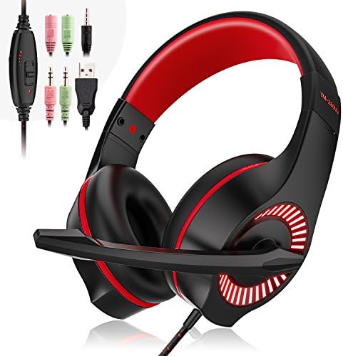 Gaming Headset, 3.5mm Wired Game Headphone Earphone with Mic Surround Stereo Bass,Noise Reduction, LED Light, for PS4 New Xbox One Nintendo Switch PC Computer Laptop Mobile Phones (Red)