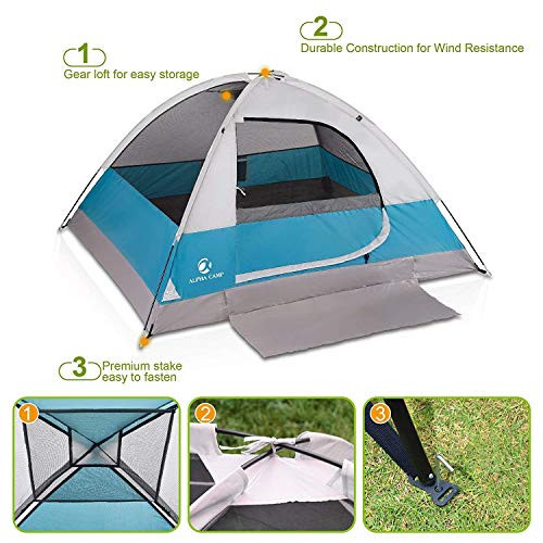ALPHA CAMP 4 Person Dome Tent for Camping Easy Setup Tent with Foot Mat - 9' x 7' Blue