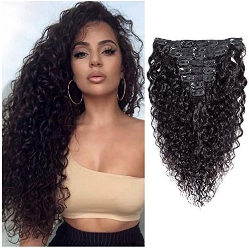 Brazilian 8A Virgin Remy Water Wave Curly Clip ins Hair Extensions Natural Color,Water Wave Clip in Human Hair Extensions Human Hair for Women Double Weft 8Pcs/lot 120gram/set Alian hair (16 inch)