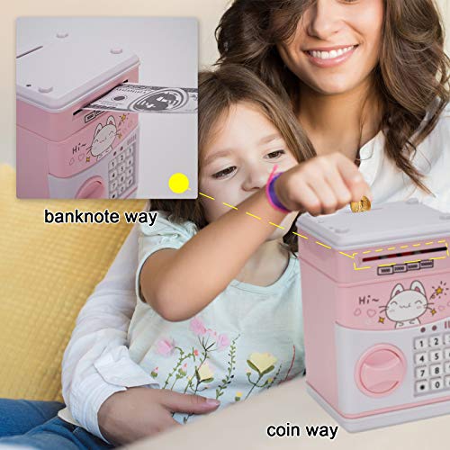 Mini ATM Savings Piggy Banks Toys for Real Money Save for Kids Girls Boys Adults, Electronic ATM Machine Coin Bank Money Saver Digital Password, Auto Scroll Cash Safe Box Gifts for Children Pink Cat