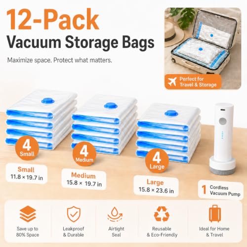 12 Pack Vacuum Bags for Travel with Rechargeable Pump, Save Luggage Space photo 10