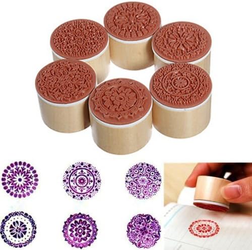 Bufferman Assorted Floral Flower Pattern Round Wooden Rubber Stamps 6 Pcs