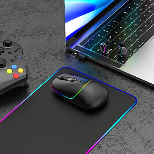 LED Wireless Mouse, RAPIQUE Rechargeable Silent RGB Light Up Computer Mouse with USB Receiver & Type-C Adapter, 2.4G Slim Portable Office Cordless Mice for Laptop, PC, ChromeBook, Tablet, Mac(Black)