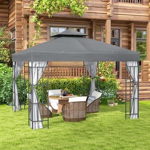 Outsunny 10'x10' Garden Gazebo Patio Canopy Portable Party Event Backyard w/Mosquito Netting Grey