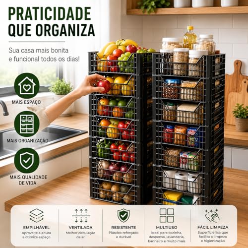 Kit 3 Caixas Organizadoras Grandes Plásticas Empilháveis e Vazadas Alta Resistência | Caixa Plástica para Hortifruti, Supermercado, Feira, Comércio, Estoque, Varejo e Organização da Casa