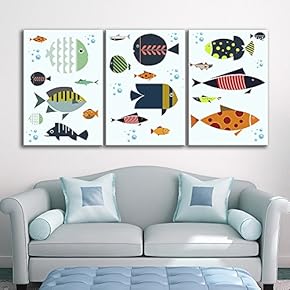 3 Panel Canvas Wall Art - Colorful Fish Pattern - Giclee Print Gallery Wrap Modern Home Art Ready to Hang - 16"x24" x 3 Panels
