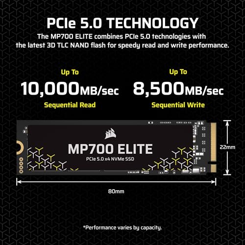 Corsair MP700 Elite 2TB PCIe 5.0 x4 NVMe M.2 SSD – Up to 10,000MB/sec – High-Density 3D TLC NAND – M.2 2280 - DirectStorage Compatible – Black