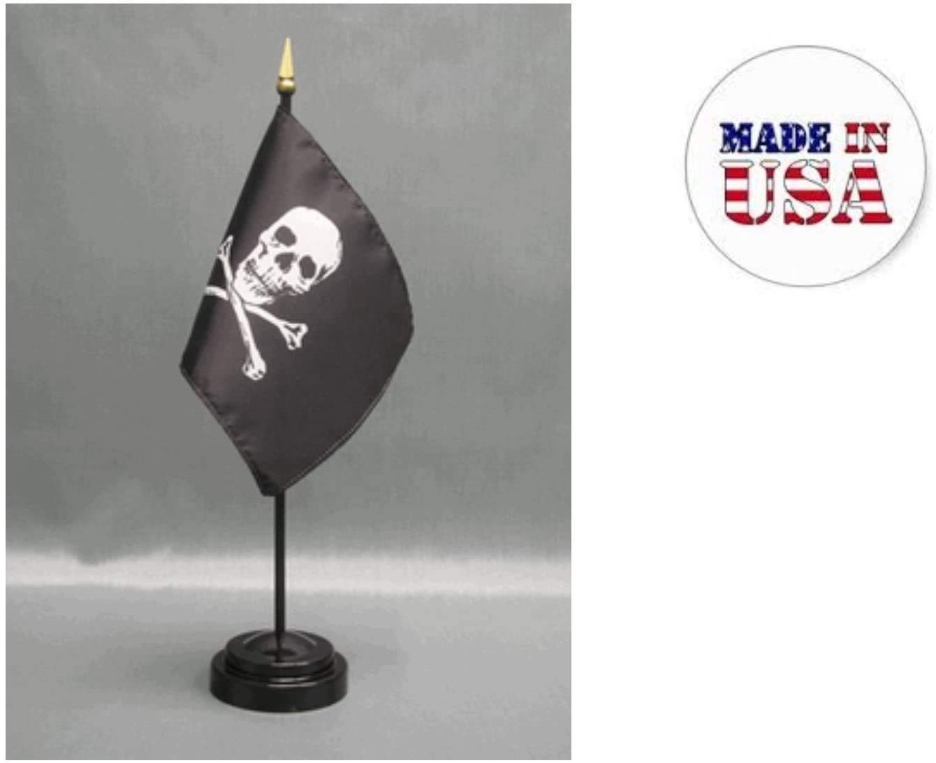 Made in the USA. 2 Jolly Roger Pirate Flag 4"x6" Miniature Desk & Table Flags Includes 2 Flag Stands & 2 Jolly Roger Small Mini Stick Flags