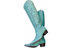 GORBINETI Women’s Western Cowboy Boots Embroidered Suede Mid Calf Pointed Toe Cowgirl Knee High Heel Boots Pull On Chunky Black