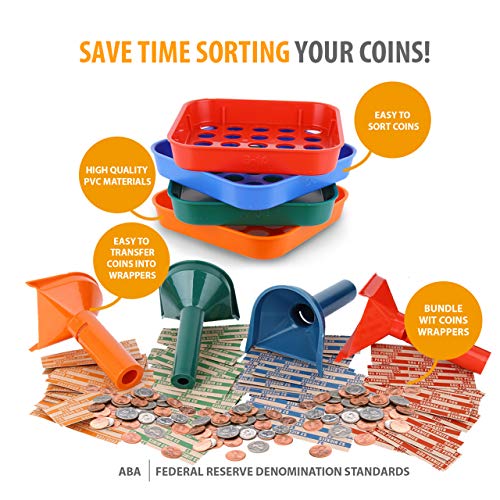 Coin Counters Tubes & Coin Sorters Tray - 4 Color-Coded Coin Sorting Tray and Coin Counting Tubes - Bundle with 100-Count Assorted Coin Roll Wrappers for US Coins
