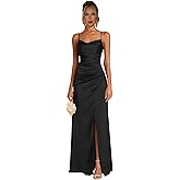 Satin Bridesmaid Dresses for Women Long Mermaid Pleated Prom Dress Spaghetti Straps Formal Party Gown with Slit