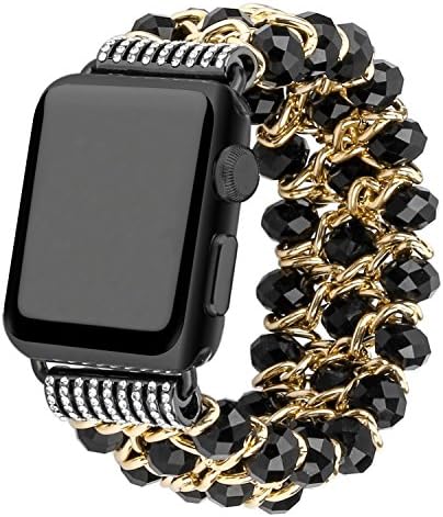 Apple Watch Band 38mm, Fashion Handmade Elastic Stretch Crystal Beaded Bracelet Metal Chain Women Girls Strap Wristband for Apple Watch Series 3/2/1, Edition,Sports (black-38mm)
