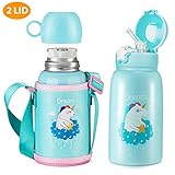 Unicorn Water Bottle with Straw for Kids, Cute Toddler Stainless Steel Thermos Cup with Carrier Holder Shoulder Strap and Spare Cover Lid, Insulated Leakproof BPA Free Flip Lid (18.6 oz Blue)