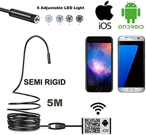 Fishonly Wifi Wireless Endoscope Inspection Camera OTG USB Borescope Waterproof Snake Camera Spy Android IOS 6 LEDS (scopehard5M)