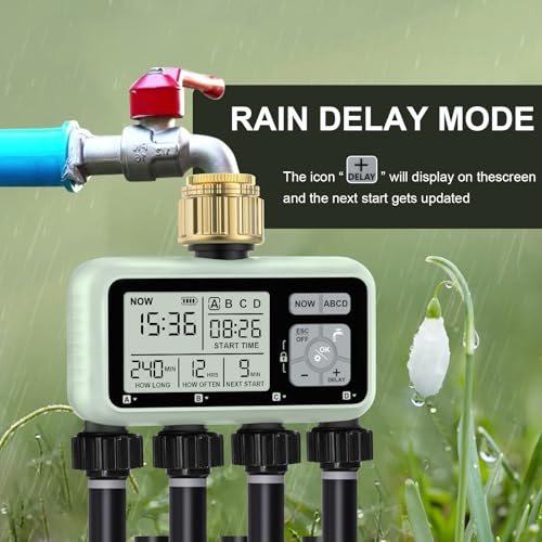 Johgee Watering Programmer, 4 Outlets with Brass Inlets, Digital Water Timer with Rain Delay, Automatic/Manual Watering Control for Garden Lawn