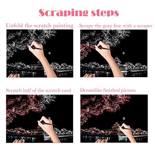 Scratch Paper Rainbow Scratch Art Paper Scratch Arts and Crafts for Adults and Kids DIY Art Craft Night View Painting Kits with 8 Sheets Scratch Cards & Scratch Drawing Pen (Girl&Street Corner)