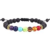 Lava Rock Chakra Bracelet 7 Chakra Real Stone Healing Crystal Bracelets 8mm Natural Stone,Bead Bracelet with Adjustable Braided Rope for Yoga Essential Oil Diffuser,Natural Stone Gifts for Women