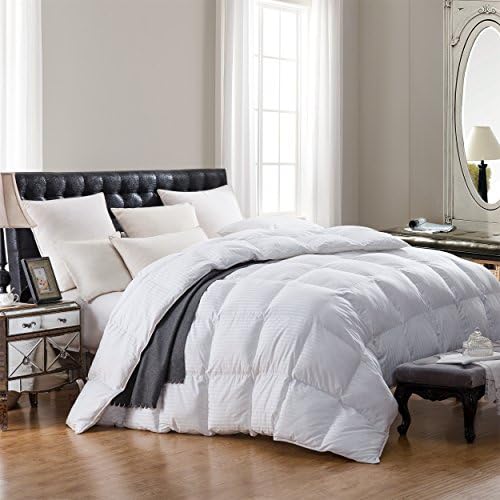 KING Size SUPER LUXURIOUS White Damask Stripe 1200 Thread Count Siberian Goose Down Comforter, Baffle Box Design, 100 Percent Egyptian Cotton, 1200 TC, 750FP, 70Oz, White Damask Stripe Style