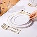 I00000 25 Guest Gold Plastic plates with Silverware & Gold rim Cups, Includes 25 Dinner Plates, 25 Salad Plates, 25 Forks, 25 Knives, 25 Spoons, 25 Tumbles (Dots White/Gold)