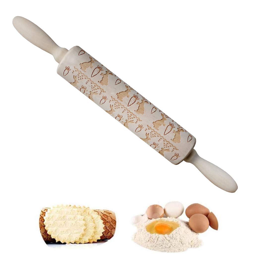 Embossing Rolling Pin, DesignerBox Easter Symbol Patterns Wooden Engraved Embossing Rolling Pin Baking Roll for DIY Baking Cookies Fondant Pastry Cake (Easter Bunnies and Carrots)