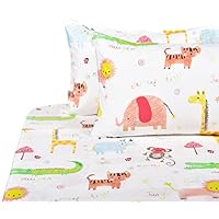 J-pinno Cute Lion Monkey Animals Full Sheet Set for Kids Children,100% Cotton, Flat Sheet + Fitted Sheet + Two Pillowcase Bedding Set (4)