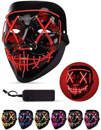 AnanBros Scary LED Halloween Mask, Light up Mask Cosplay, LED Rave Face Mask Costume 3 Lighting Modes, Halloween Face Masks for Men Women Kids - Red