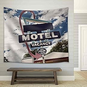 Old Motel Sign on Route 66, USA - Fabric Wall Tapestry Home Decor - 51x60 inches