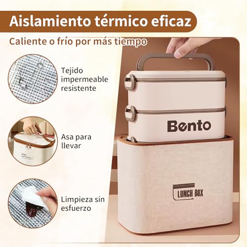 LEMONSEA Bento Box, Lunch Box de 3 Capas de 2400 ml, Toppers para Lunch Antifugas, Acero Inoxidable y Material PP, Bento Lunch Box con Bolsa para Almuerzo y Cubierto, Adecuado para Escuelas y Oficinas