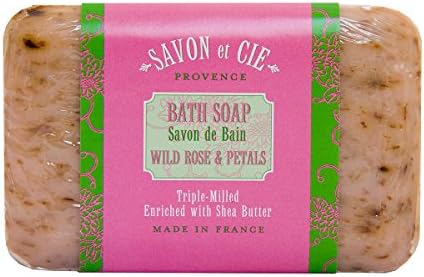 Savon et Cie Triple Milled Exfoliating Soap, 7oz (200g) bar. Made in France. With Organic Shea Butter - Wild Rose Petals