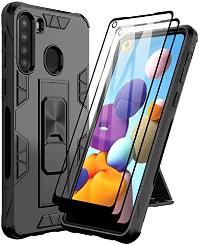 Dahkoiz Case for Samsung Galaxy A21 Case with Tempered Glass Display screen Protector[2 Pack],Rugged Ring Grip Kickstand Cowl Navy Grade Drop Safety Cellphone Instances for Samsung Galaxy A21 A215U,Black