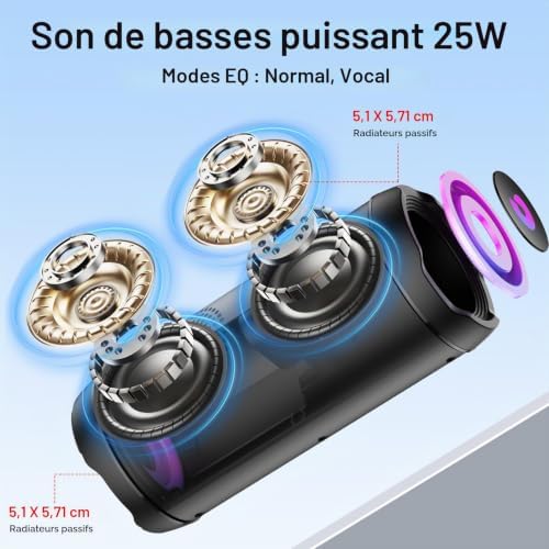 Enceinte Bluetooth Puissante 5.4 sans Fil avec Bass Puissantes, Haut-Parleur Portable 25W, LED Écran, Autonomie 25H,Son Surround à 360 degrés,Appairage TWS,AUX,TF Carte,pour l'extérieur/La Fête/Voyage