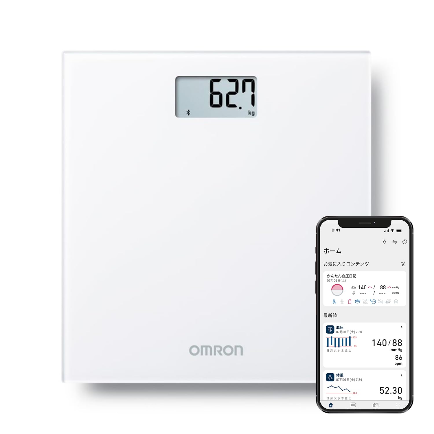 オムロン 体重計 ホワイト HN-300T2-JTW スマホ連動 データ自動転送 自動認識 乗るだけで測定開始 シンプルでおしゃれなデザイン商品画像