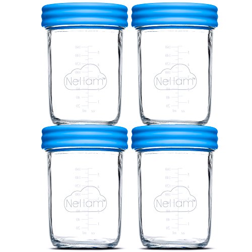 Nellam Baby Food Storage Containers - Leakproof, Airtight, Glass Jars for Freezing & Homemade Babyfood Prep - Reusable, BPA Free, 4 x 8oz Set, that is Microwave & Dishwasher Safe