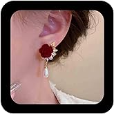 Erimberate Bohemian Camellia Crystal Pearl Dangle Earrings Gold Cz Pearl Drop Earring Red Velvet Rose Flower Earring Vintage Rose Camellia Flower Earrings Jewelry for Women