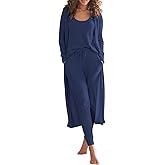 Eurivicy Womens Lounge Set Waffle Knit 3 Piece Pajama Sets Tank Tops Loose Pants with Long Cardigan Loungewear 2025