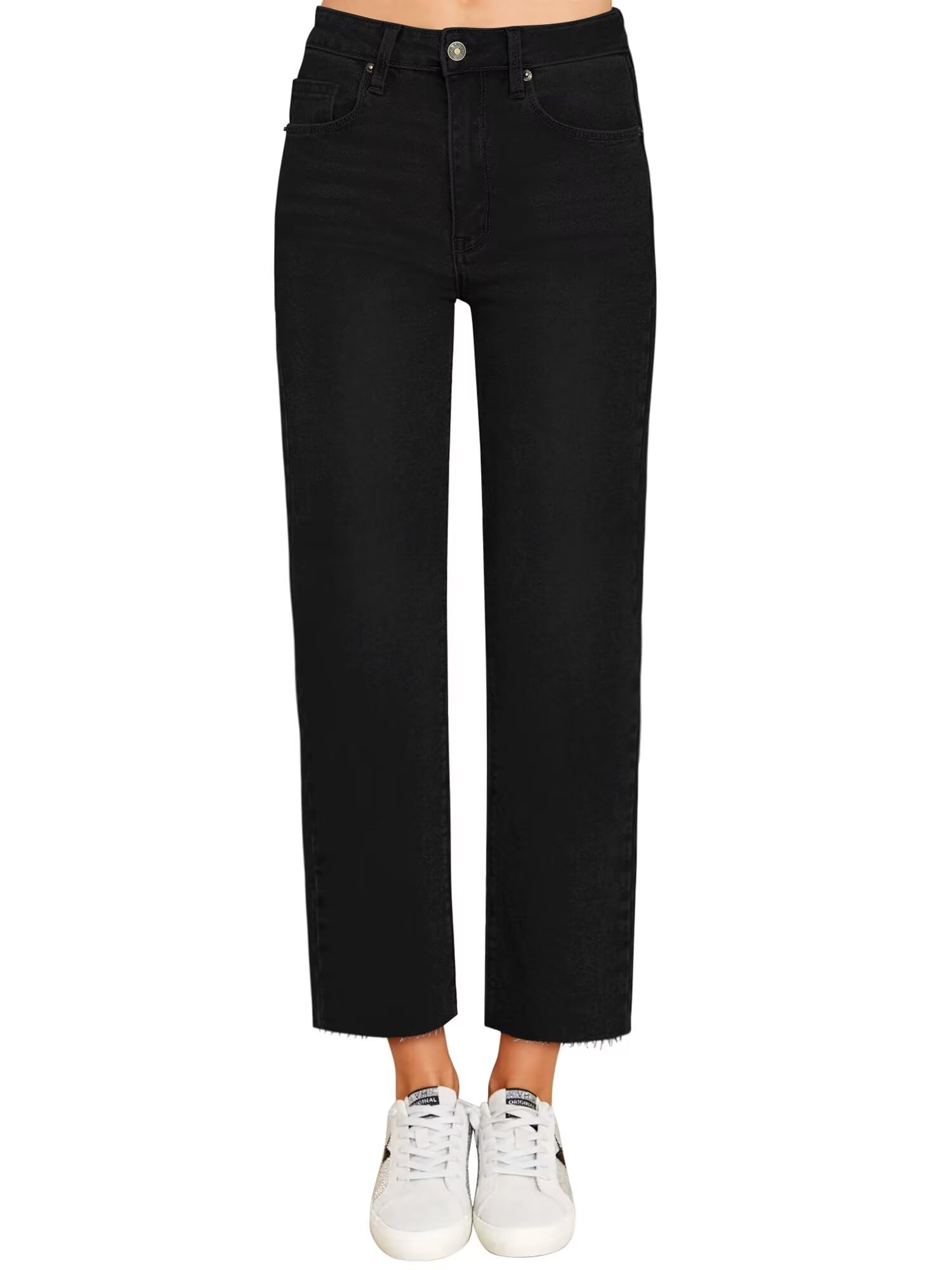Photo 1 of KDF Women's Cropped Straight Leg Jeans - High Waisted Jeans for Women 7/8 Length Denim Pants with Crop Hem Black Size 12