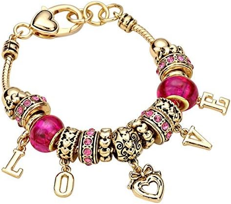 Rosemarie Collections Women's Pink Love Charms Beaded Bracelet (Gold Color)