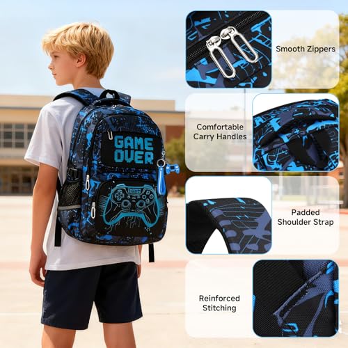 Amythe Boys Bright Backpack, Primary School Bag Teenager Waterproof Durable School Bag with Reflective Strips Large Capacity for Travel, Blue