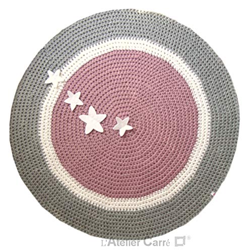Tapis Rond En Laine Rose Pale Blanc Gris Clair étoiles