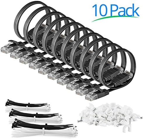 Cat 6 Ethernet Cable 3 ft Flat Wire, Internet Network LAN Cable Cord with RJ-45 Connectors - 10 Pack (3 feet, Black)