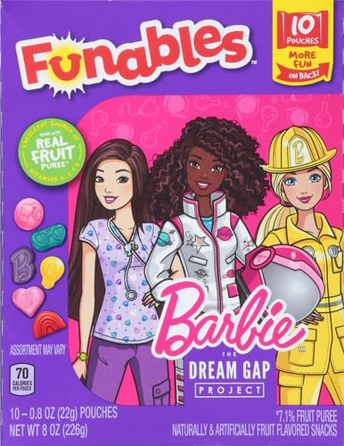 FUNABLES FRUIT SNACKS, BARBIE SHAPED FRUIT FLAVORED SNACKS, 0.8 OUNCE POUCHES (PACK OF 10)