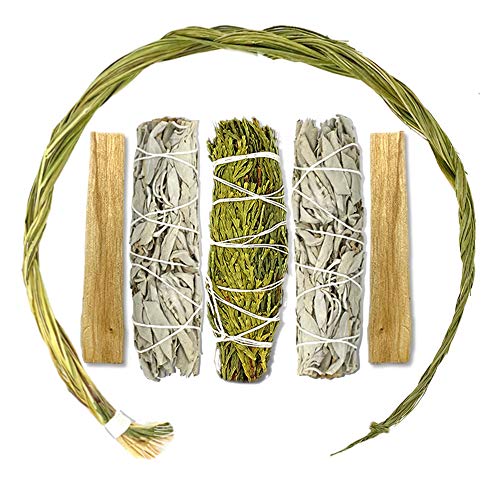 LIFE OF GAIA Sweetgrass Braid Smudge Kit with Sage Sticks, Cedar Smudge & Palo Santo Sticks for Smudging. Sweet Grass…
