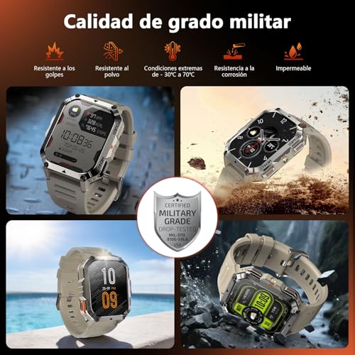 Blackview Reloj Inteligente Hombre Militar - Linterna y Brújula, 2.01"Smartwatch Hombre con 100+ Modos Deportivos, Llamadas Bluetooth/Notificación, Pulsómetro/Oxímetro/Sueño, Pulsera Actividad, Caqui