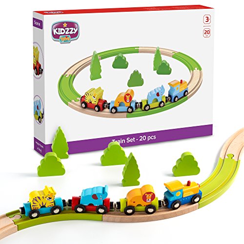 UPC 642337757303, Wooden Railway Beginner Pack Train Set with Magnetic Zoo Carrier Train Cars - 20 Pieces