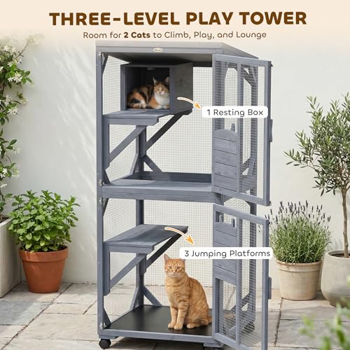 PawHut Catio Outdoor Cat Enclosure, Wooden Cat House on Exercise Wheels Indoor Outdoor, Kitty Cage with Resting Box, Waterproof Roof, for 2 Cats, 25.6" x 25.6" x 63", Dark Grey