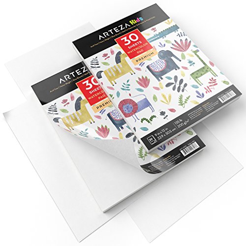 Arteza 9X12” Kids Watercolor Pad, 2 Pack 60 Sheets (135lb/200gsm), Glue