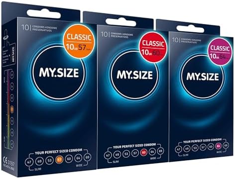 - Preservativos, pacote de amostras com 10 peças, 57, 60, 64 mm, 3 pacotes com 10 peças, tamanho adequado para qualquer pessoa